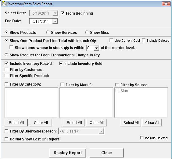 Inventory/Item Sales Report