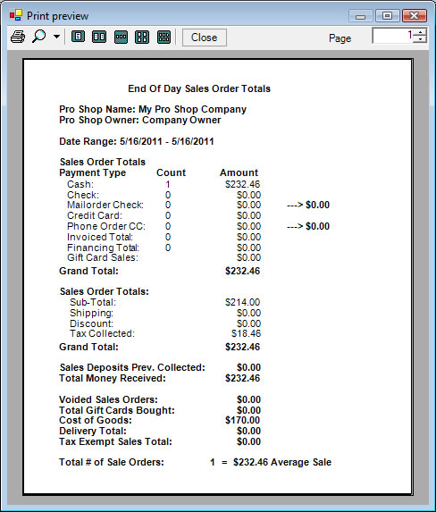 End of Day Sales Order Totals